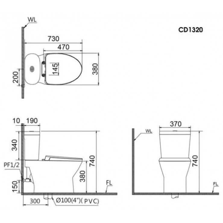 Bản vẽ kĩ thuật của Nắp bồn cầu thông minh Caesar TAF200H